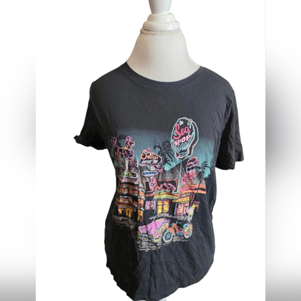 🌈 H&M Womens T-Shirt - Black with Colorful Graphic Sz M